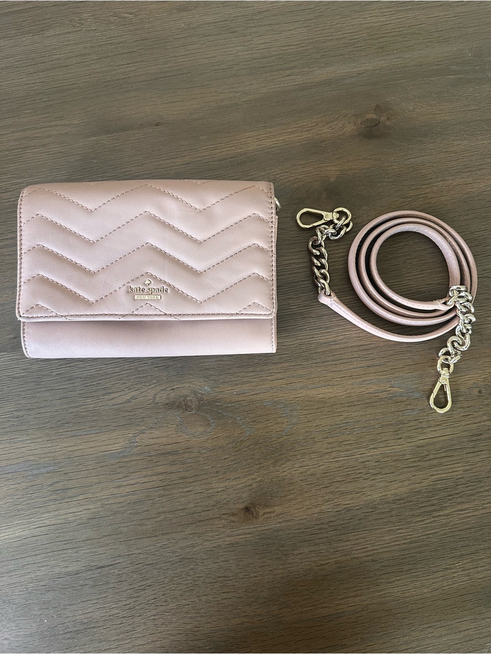 kate spade Quilted Leather Crossbody Wallet — Pale Pink with Gold Hardware